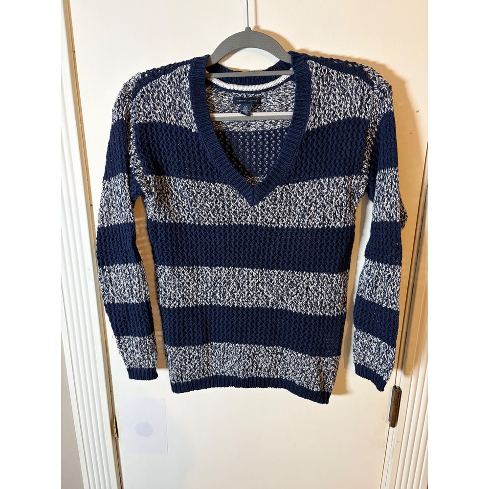 Tommy Hilfiger Navy Blue White Striped Open Knit V-Neck Sweater Women Small